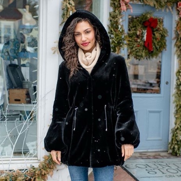 Fabulous Furs Black Hooded Sheared Faux Fur Beaver Anorak Winter Coat Small - Picture 1 of 16